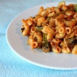 Red pepper alfredo sauce with pasta served on a white plate