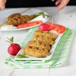 Tempeh Seekh Kebabs on a white serving plate with vegetable garnishes