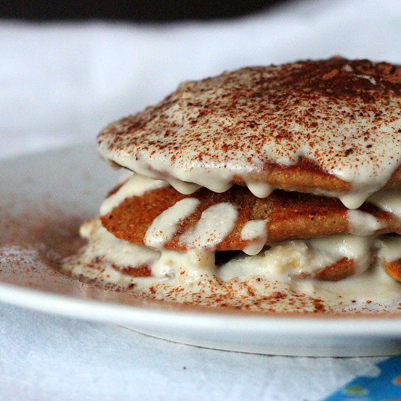 Tiramisu Pancakes Vegan Tiramisu Pancakes. Coffee Chocolate Pancakes with maple liquor drizzle and cashew cream mascarpone. Vegan Pancake Recipe. | VeganRicha.com