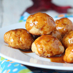 Sweet potato donut bites served high on a white plate