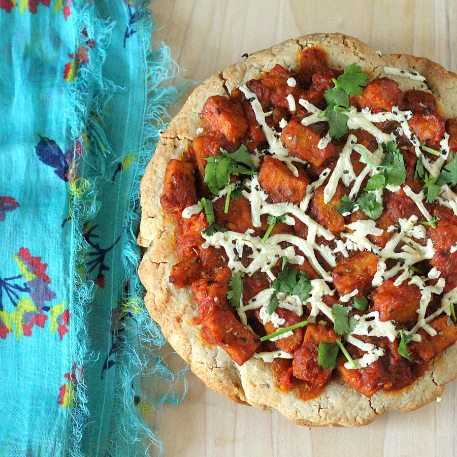 Vegan Richa: Glutenfree Focaccia style crust topped with Tempeh Tikkas masala