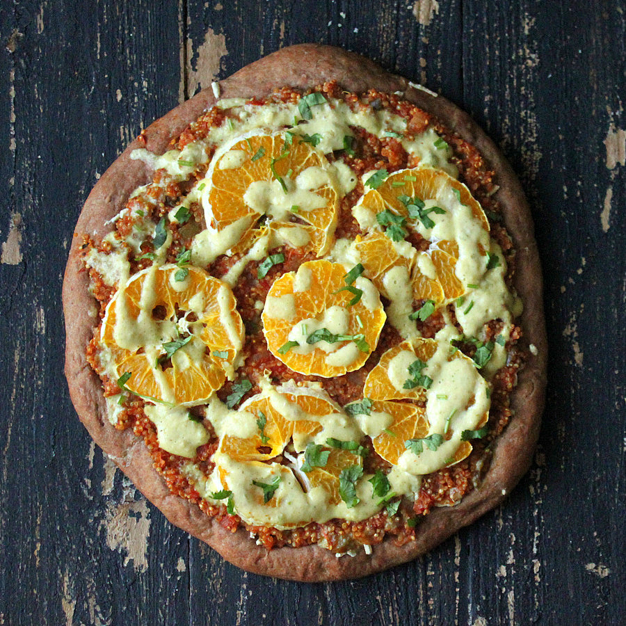 Quinoa Sloppy Joes Pizza with Rye Crust, Orange slices, Jalapeno Aioli |VeganRicha.com #vegan #pizza