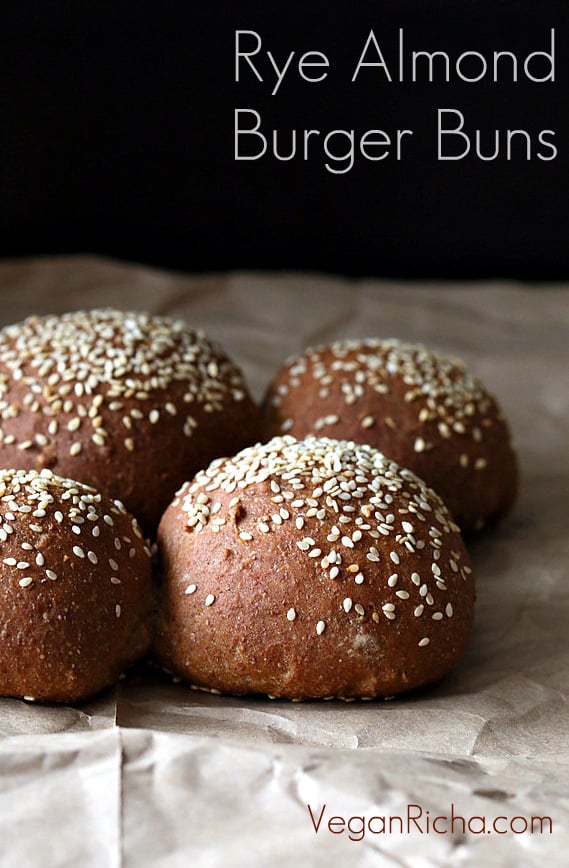 blog graphic for rye and almond flour vegan burger buns recipe with small text overlay in one corner