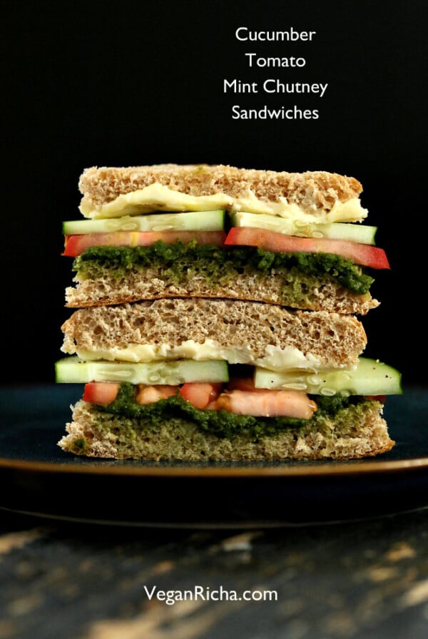 How to make Cucumber Chutney Sandwiches. Cucumber, Tomato, Mint Cilantro Chutney Snack Sandwich with easy chutney. Soy-free Nut-free Vegan Indian Recipe. #glutenfree #veganricha #vegan