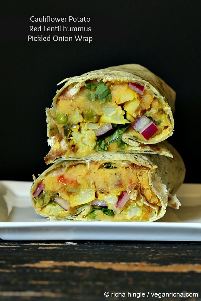 hummus wraps Vegan Gobi Aloo and Red Lentil Hummus Wrap stacked