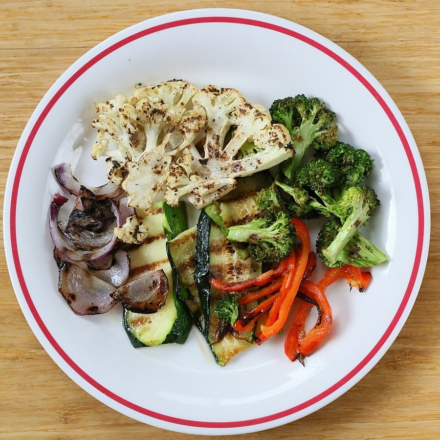 vegetable sandwich overhead shot of a plate of roasted vegetables made in a grill pan on the stove