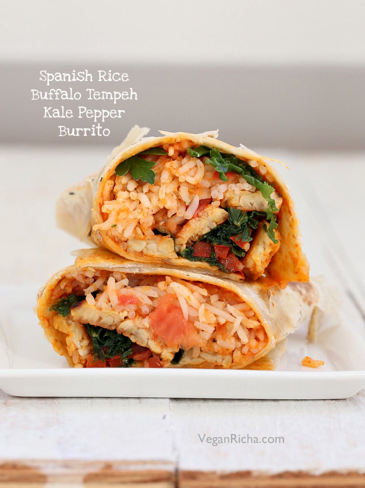 Vegan Buffalo Tempeh, Spanish Rice, Kale, Red Bell Pepper Wraps