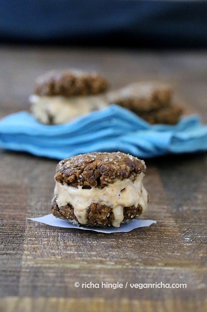 vegan ice cream recipe Vegan Ginger Molasses Cookie Carrot Cake Ice Cream Sandwich on a rustic wooden table