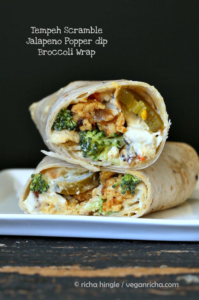 two stacked Tempeh Scramble Jalapeno Popper Dip and Broccoli Wraps 