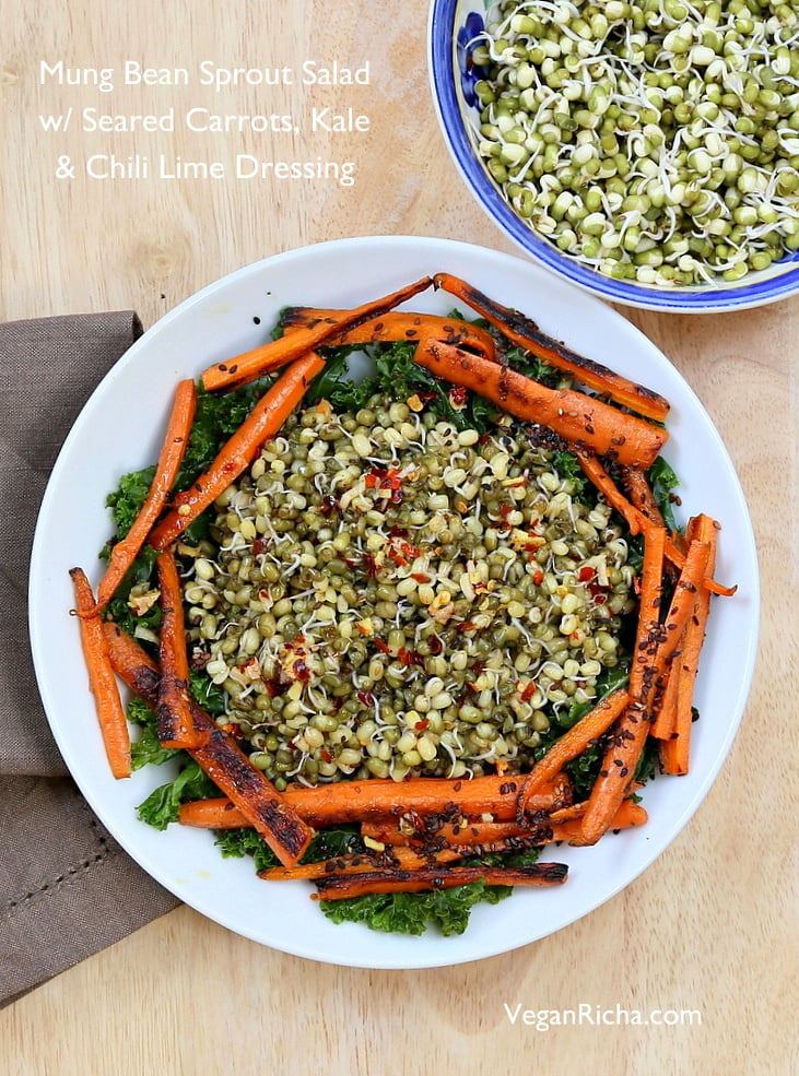 kale salad recipe overhead shot mung bean, seared carrot and kale salad with a bowl of sprouted beans on the side