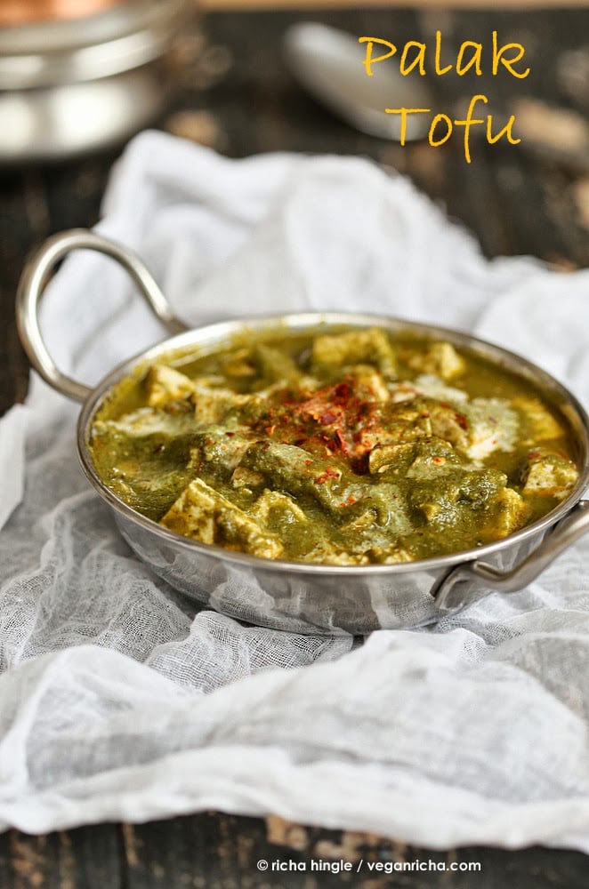Vegan Palak Tofu Paneer - Tofu in Spinach curry. This Vegan Saag Tofu is super easy. Vegan Saag Paneer. It can be made soy-free with Chickpea Tofu, veggies or cooked chickpeas.| https://veganricha.com #vegan #dairyfree #glutenfree #Indian