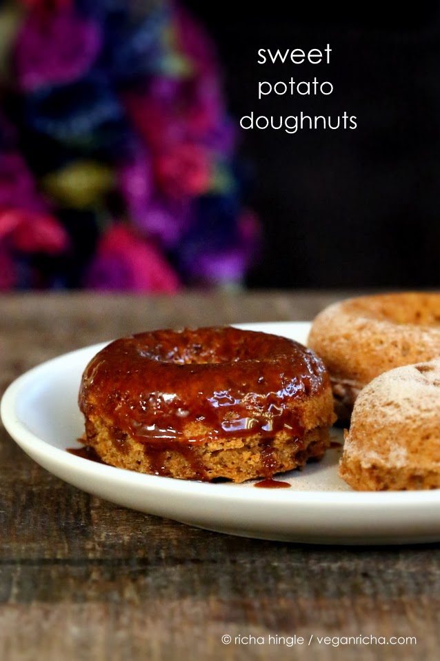 recipe for vegan donuts side view of vegan sweet potato donuts with salted caramel glaze on a white plate
