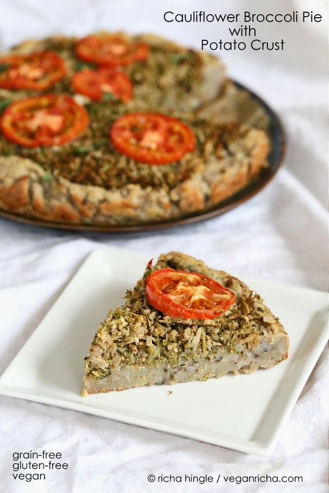 This Savory Cauliflower Broccoli Pie is full of flavor from the garam masala and has a delicious potato black eyed pea crust. gluten free and grain free. #glutenfree #veganricha #vegan