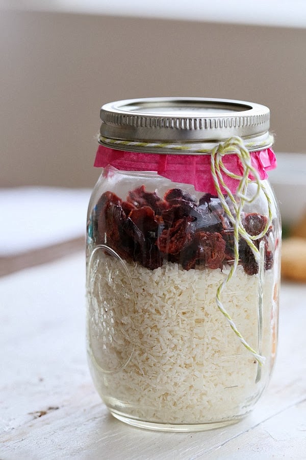 coconut macaroons recipe side view of gluten-free DIY coconut macaroons cookie mix in a jar