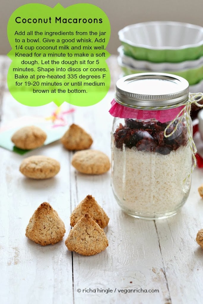 coconut macaroons recipe picture of a jar of gluten-free coconut macaroons cookie mix ready for gifting with text overlay giving instructions for baking cookies with the mix