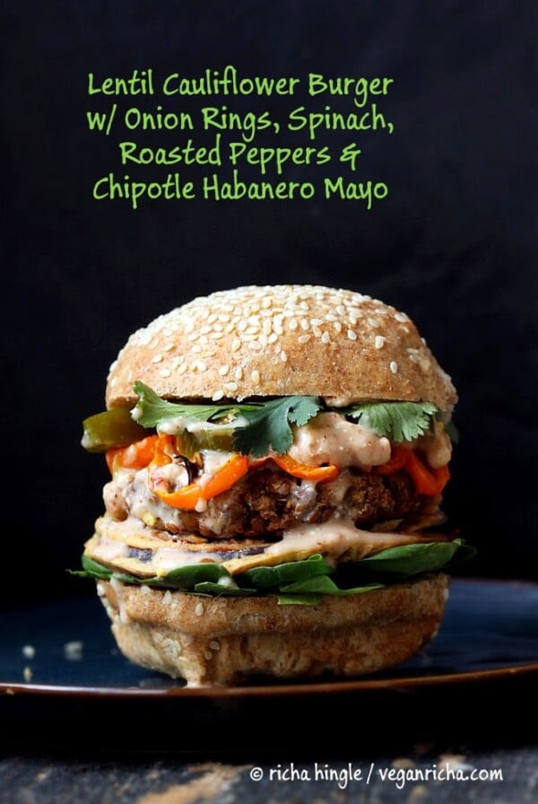 loaded red lentil cauliflower burger on a blue plate with text overlay