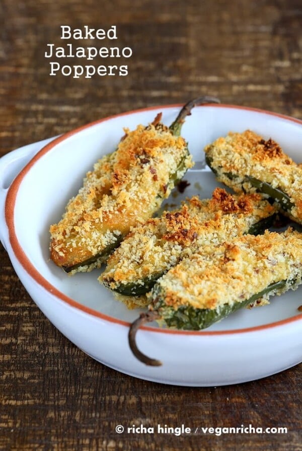 These Baked Vegan Jalapeno poppers are filled with my cheesy Jalapeno popper dip. Rolled up in breadcrumbs and baked to perfection. #glutenfree #veganricha #vegan