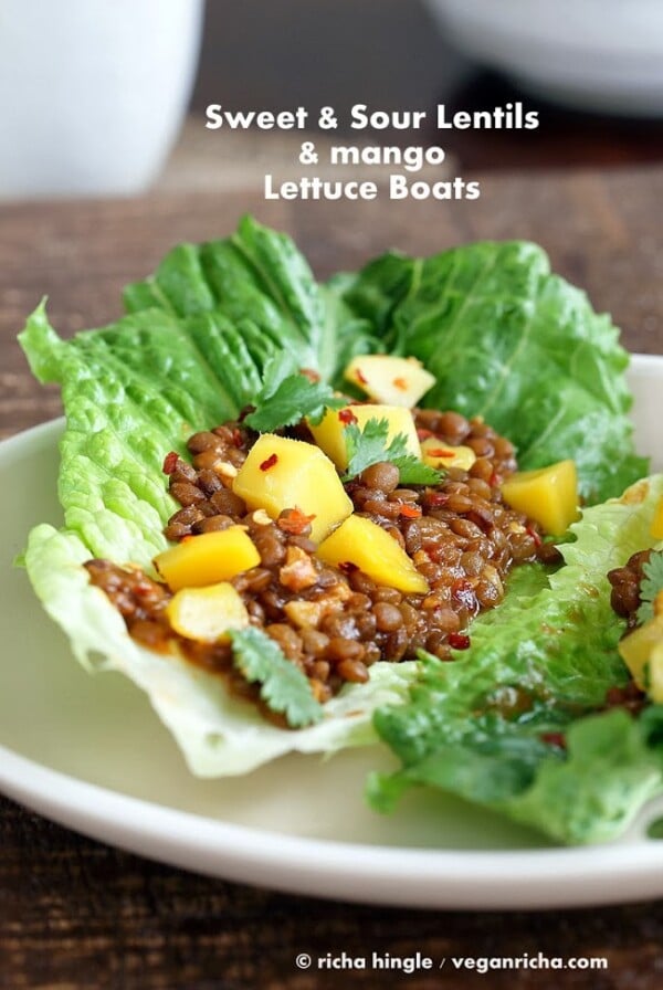 Sweet and Sour Lentils and Mango Lettuce Wraps. Add peanuts, sprouts, carrots. Easy weekday lunch ! use other beans or lentils. Vegan Gluten-free recipe. #vegan #glutenfree #veganricha