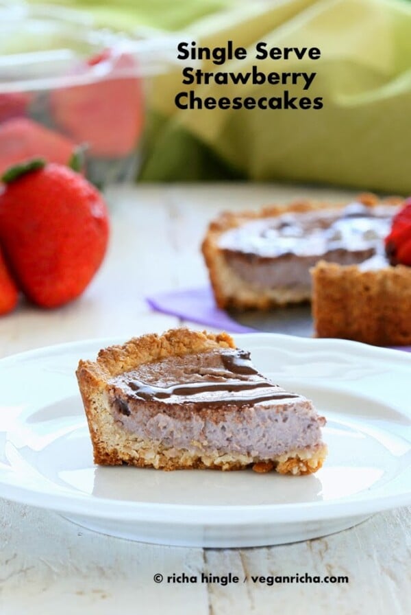 Easy Strawberry Cheesecake Tarts for 2 with gluten-free Coconut oat crust. Vegan Gluten-free Recipe. #vegan #glutenfree #veganricha