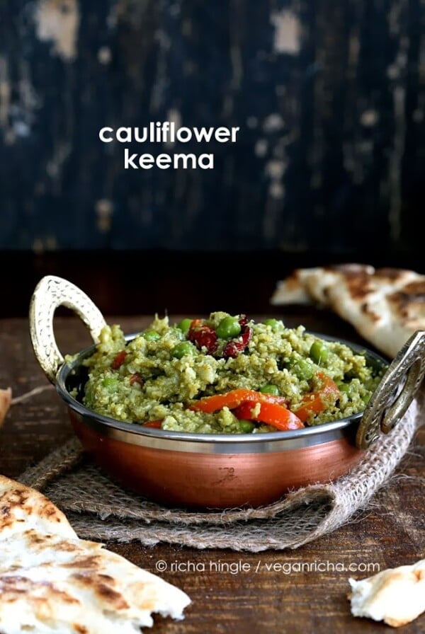Gobi Mutter Keema is a flavorful curry made with minced cauliflower and peas in a cilantro and onion gravy.ย A vegan, glutenfree recipe. #vegan #glutenfree #veganricha