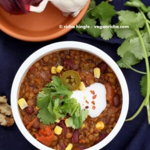 1 Pot Hearty Lentil Kidney Bean Chili. Warming Bowl of Lentil chili. Vegan Gluten-free Soy-free Nut-free Recipe. #vegan #glutenfree #veganricha
