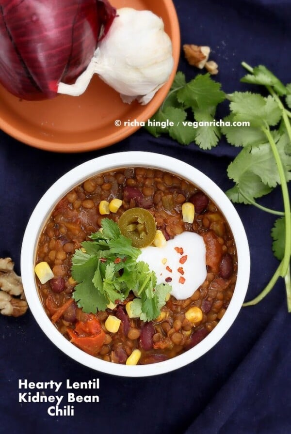 1 Pot Hearty Lentil Kidney Bean Chili. Warming Bowl of Lentil chili. Vegan Gluten-free Soy-free Nut-free Recipe. #vegan #glutenfree #veganricha