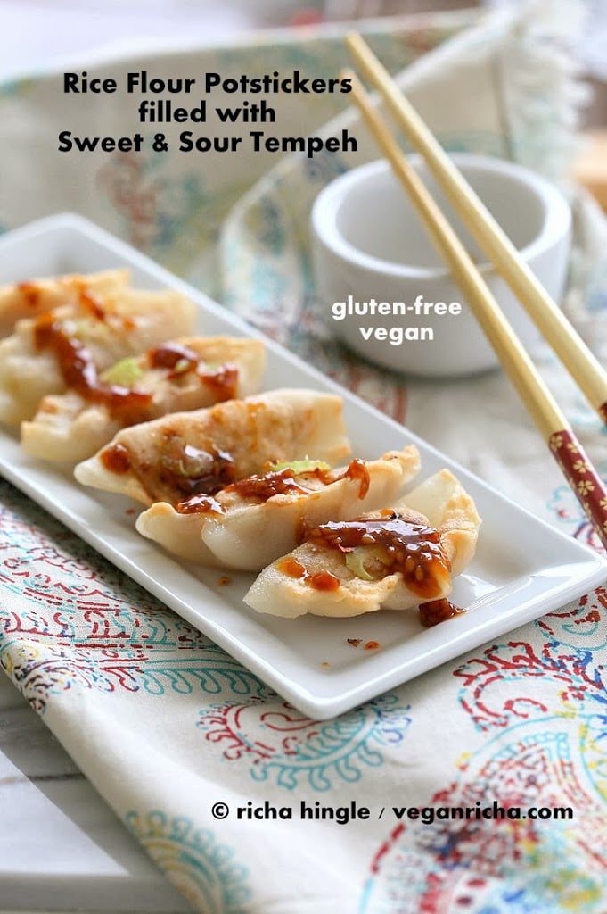 Gluten free Potstickers filled with Sweet & Sour Tempeh and Celery | Vegan Richa