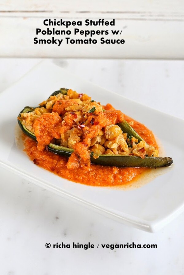 Chickpea Stuffed Poblano Peppers with Smoky Tomato Sauce. Easy 30 minute meal. Indian fusion recipe. Vegan Gluten-free Soy-free #vegan #glutenfree #veganricha