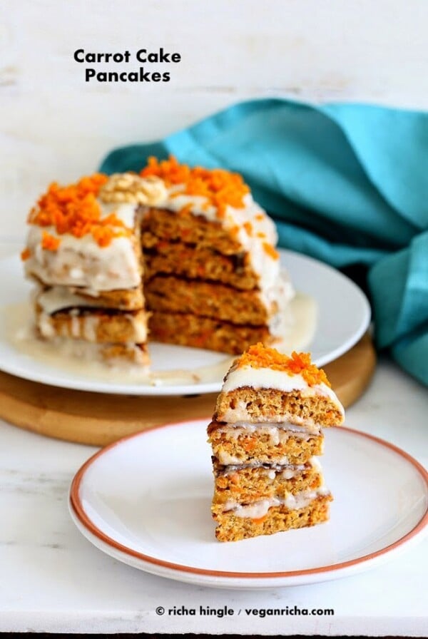 Vegan Carrot Cake Pancakes with roasted carrots and walnuts & loads of spice. Layered with a vegan yogurt coconut cream dressing. breakfast. gluten-free option. #vegan #glutenfree #veganricha