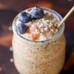 close-up of carrot cake overnight oats in a jar