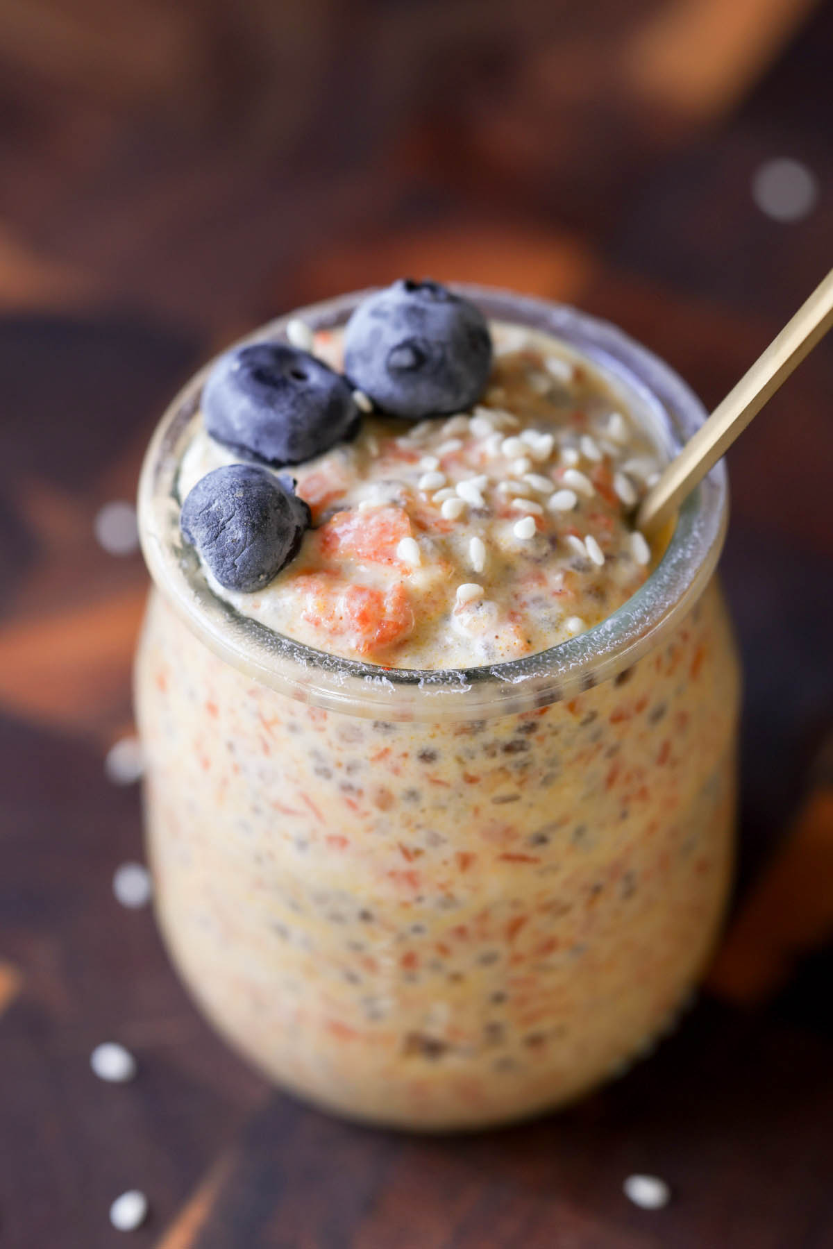 close-up of carrot cake overnight oats in a jar