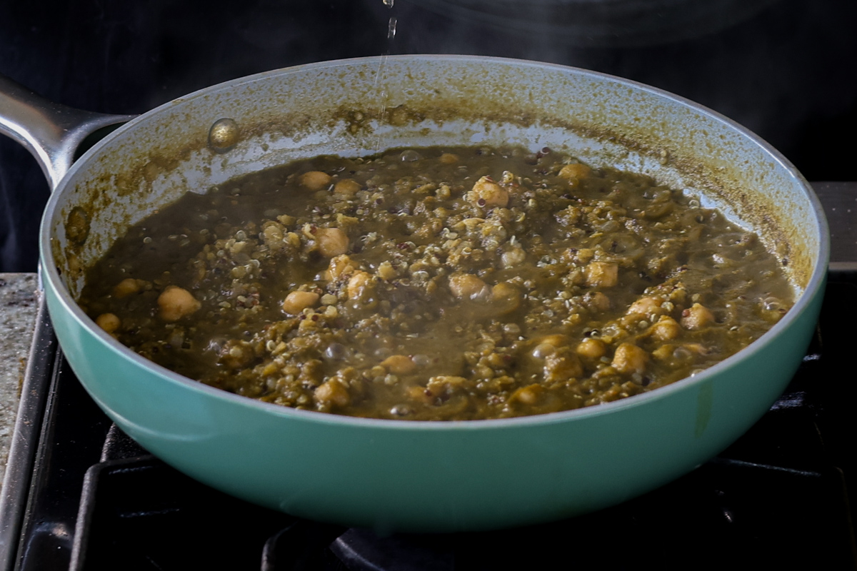 chickpea lentil spinach stew in the pan after cooking