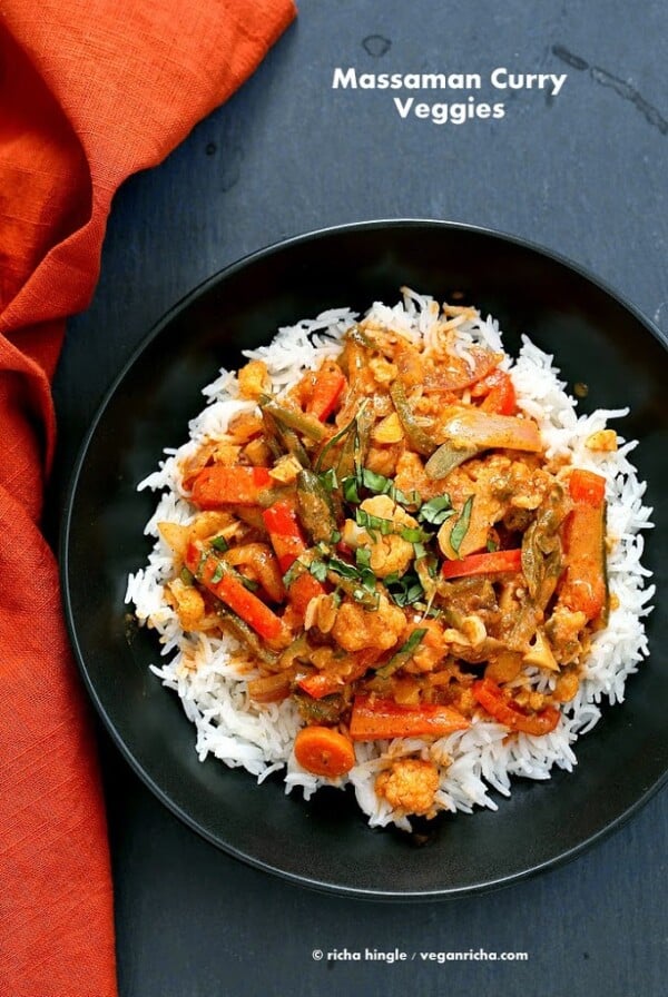 Massaman Curry Vegetables withย from scratch Massaman curry sauce that has peanut butter, coconut milk, Thai Malay Spices and amazing flavor. Make this 30 minute vegan massaman curry. Vegan Gluten-free Soy-free Recipe. No Tofu! #glutenfree #veganricha #vegan