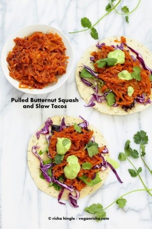 These Pulled Butternut Squash Tacos have shredded Squash cooked in traditional Chipotle Sauce and served with crunchy slaw. Free of Dairy, egg, nut, soy, gluten, #vegan #glutenfree #veganricha