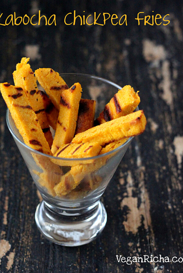 Chickpea kabocha fries. Chickpea flour fries made with a batter of chickpea flour and roasted squash + spices. Baked, fried or grilled fries! Gluten-free Vegan Recipe.ย Makes 14-18 fries