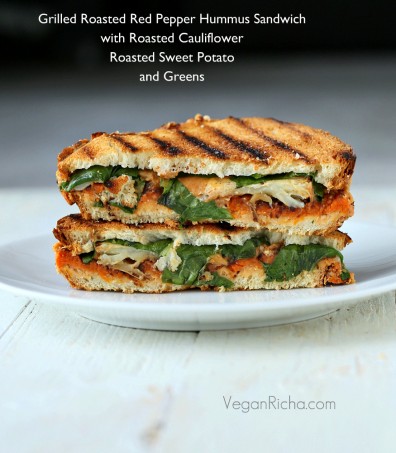 Roasted REd Pepper Hummus Sandwich with Roasted Sweet Potato and Cauliflower