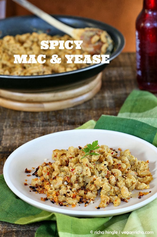 a serving of vegan Spicy Cajun Mac and Cheese with breadcrumb topping