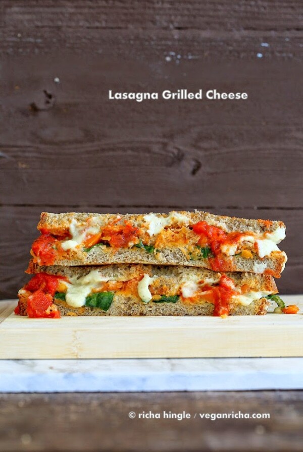 Vegan Lasagna Grilled Cheese Sandwich! Nut-free Soy-free Alfredo sauce, lentils cooked in pasta sauce, veggies, greens, vegan cheese! #glutenfree #veganricha #vegan