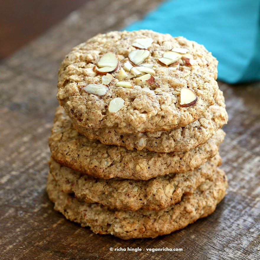 These Vegan Gluten-free Almond Butter Oatmeal breakfast cookies are oil-free, easy and come together quickly for a snack or breakfast. Gluten-free oil-free | VeganRicha.com