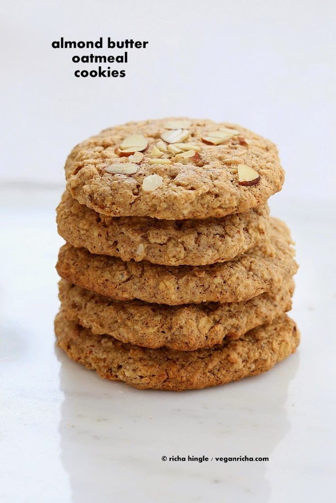 These Vegan Gluten-free Almond Butter Oatmeal breakfast cookies are oil-free, easy and come together quickly for a snack or breakfast. Gluten-free oil-free VeganRicha.com