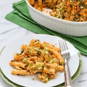 The shaved brussels in this pasta get caramelized with salt and pepper. The melty cheddar mixed in adds a great offset. #glutenfree #veganricha #vegan