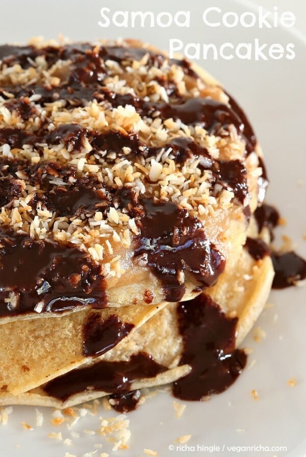 These Samoa cookie pancakes are just the right decadent with salted date caramel, toasted coconut and chocolate.ย Easy to put together and dare I say very addictive.ย #glutenfree #veganricha #vegan