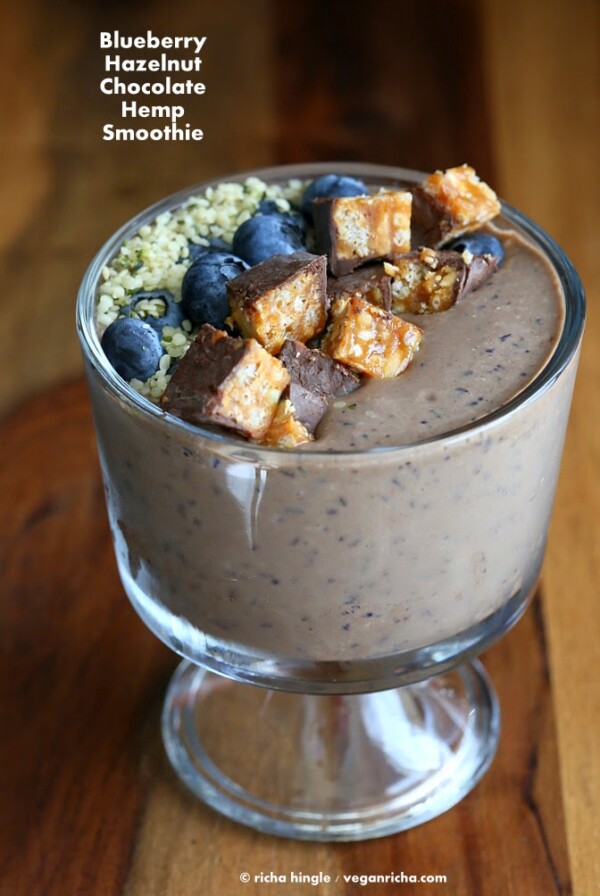 This Blueberry Hazelnut chocolate smoothie bowl is delicious with layers of flavor. Topped with Vega protein Peanut Butter cups. gluten-free vegan recipeย #glutenfree #veganricha #vegan