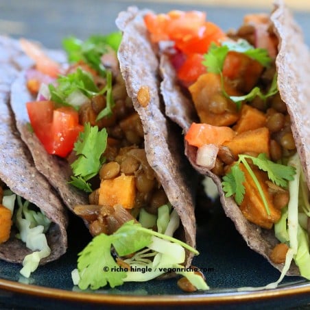 Smoky Sweet Potato Lentil Tacos #vegan #veganricha