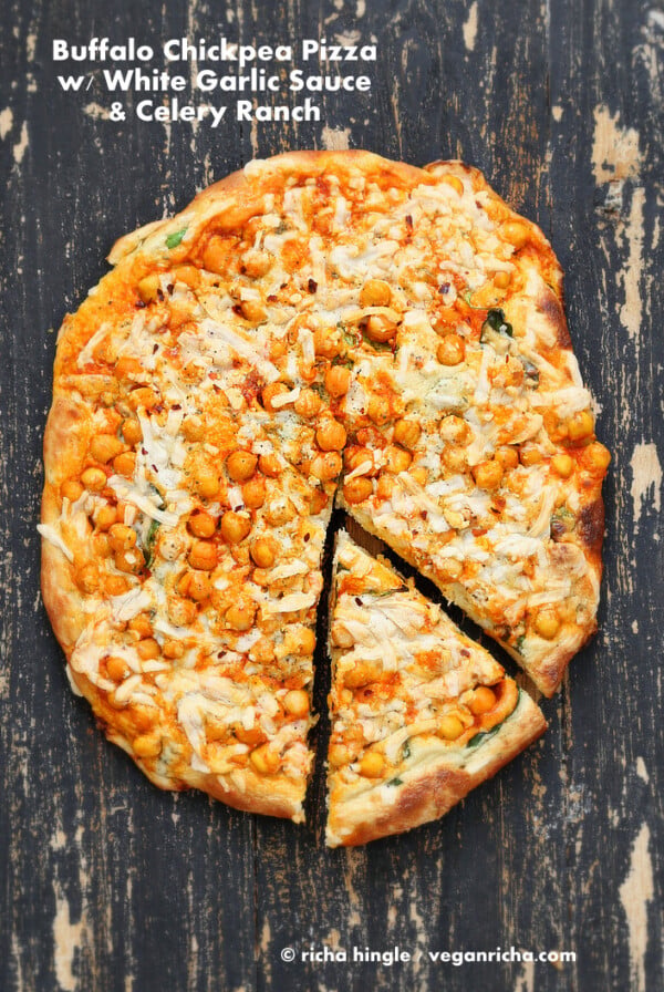 Vegan Buffalo Chickpea Pizza with White Garlic Sauce #glutenfree #veganricha #vegan