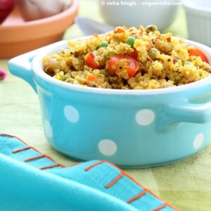 South Indian Quinoa Salad in a blue polka dot dish