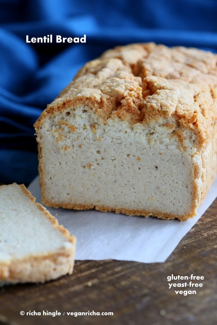 Urad Dal Lentils made into a batter and baked to make a soft flavorful nutritious Lentil bread. This Lentil Sandwich Bread is Free of dairy, egg, soy, gluten, nut. Can be made corn-free. Can be made grain-free by omitting the rice flour. Paleo Vegan Glutenfree Recipe | Vegan Richa