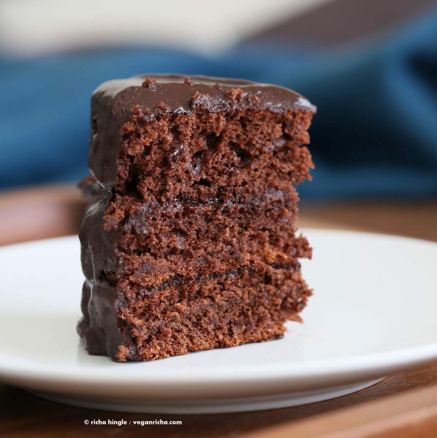 Vegan Chocolate Layer Cake with Ganache, made on stove top and not baked in an oven! It comes together within minutes, is moist and decadent | VeganRicha.com #vegan #chocolate #cake