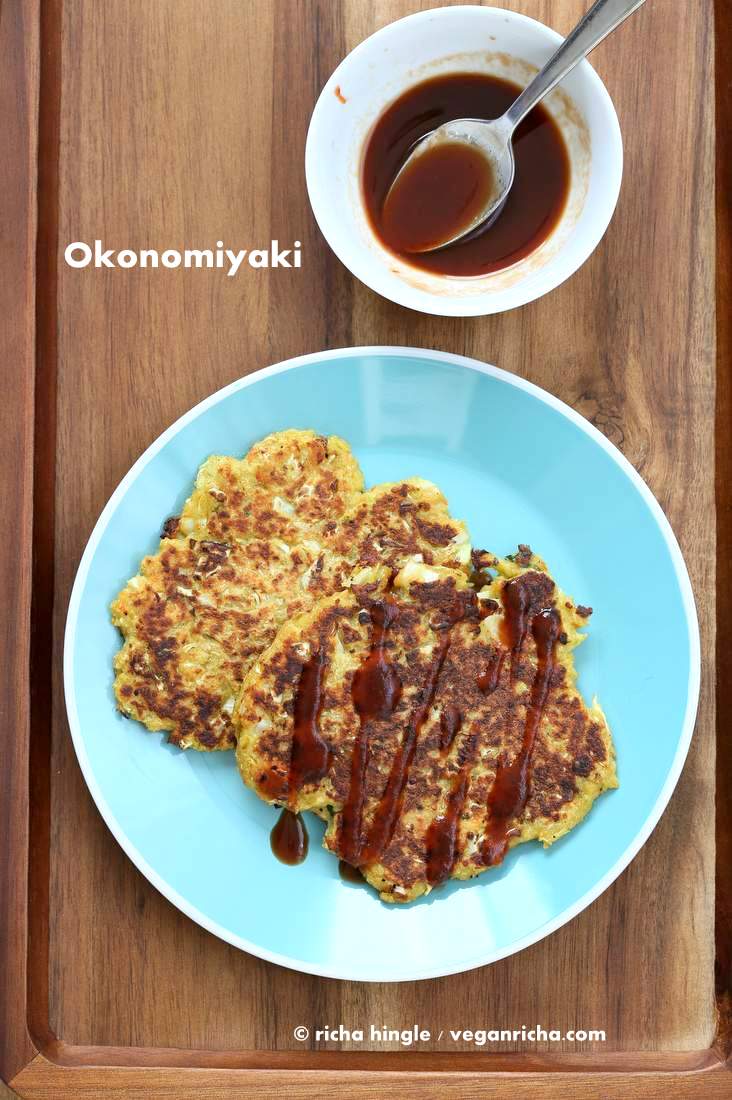 Vegan Okonomiyaki - Veggie pancakes with homemade tonkatsu sauce #vegan #veganricha