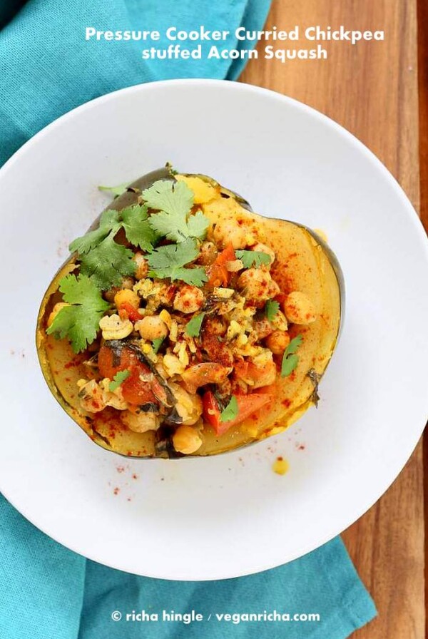 Pressure Cooker Curried chickpea Stuffed Acorn Squash | Vegan Richa #glutenfree #veganricha #vegan